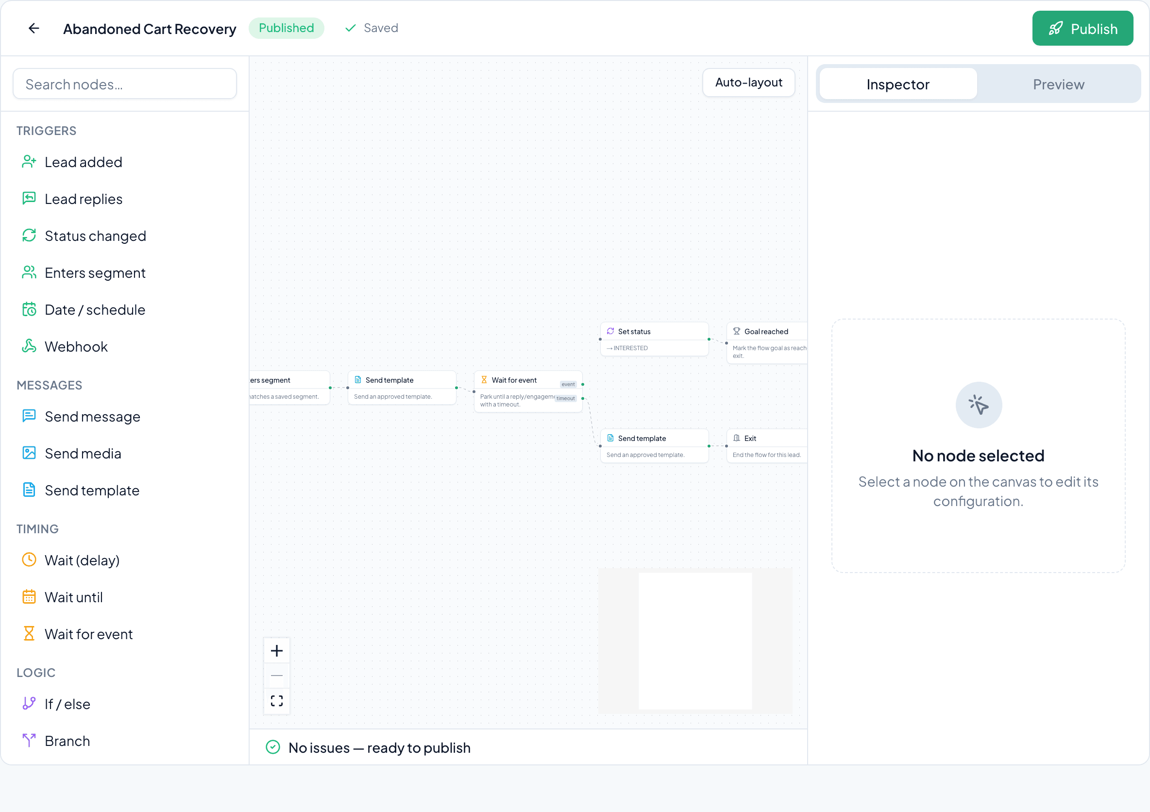 The VartaDesk Studio Flow builder: left-hand node navigation (triggers, messages, timing, logic), a multi-step journey on the canvas, and the inspector panel