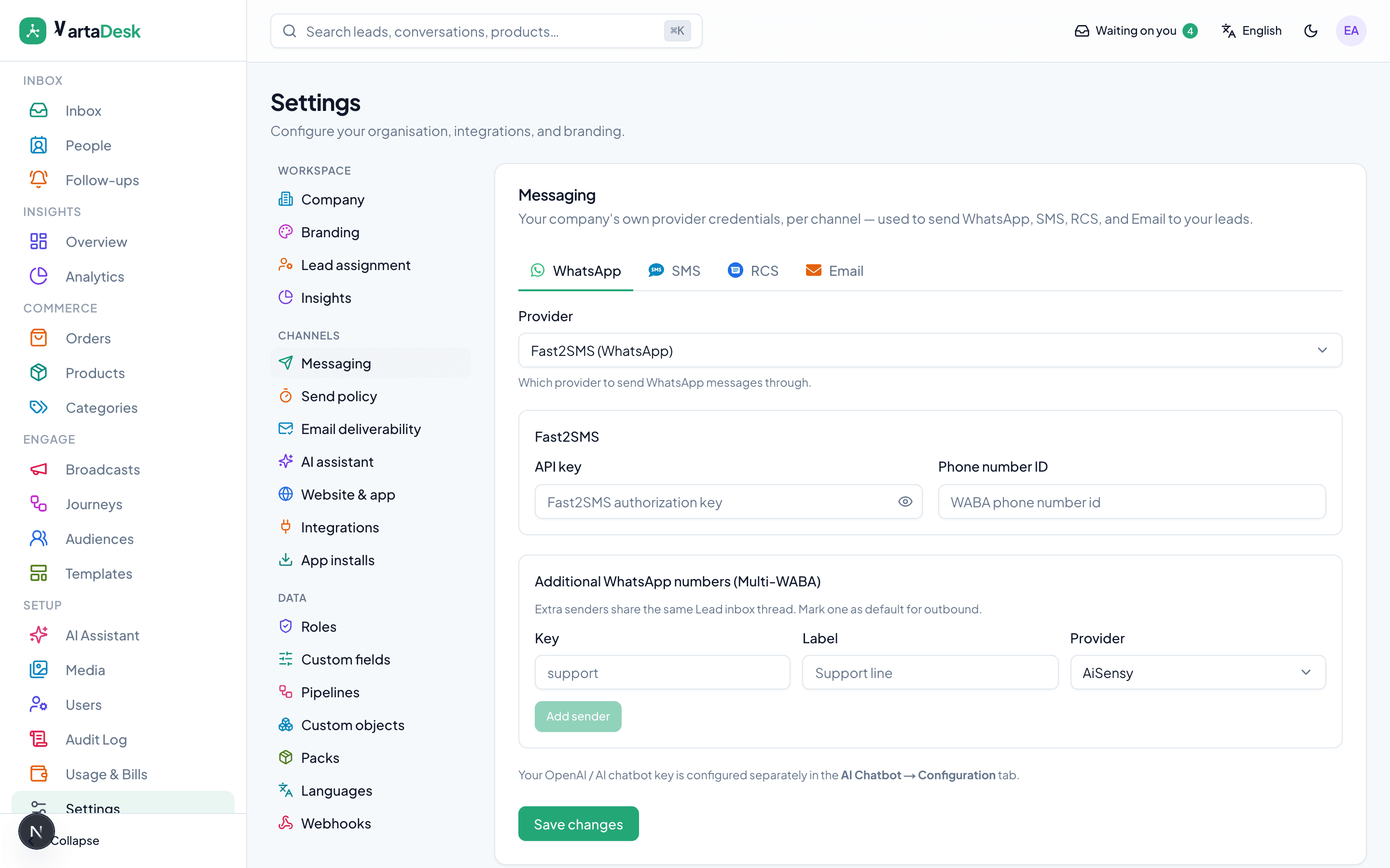 Provider keys in messaging settings