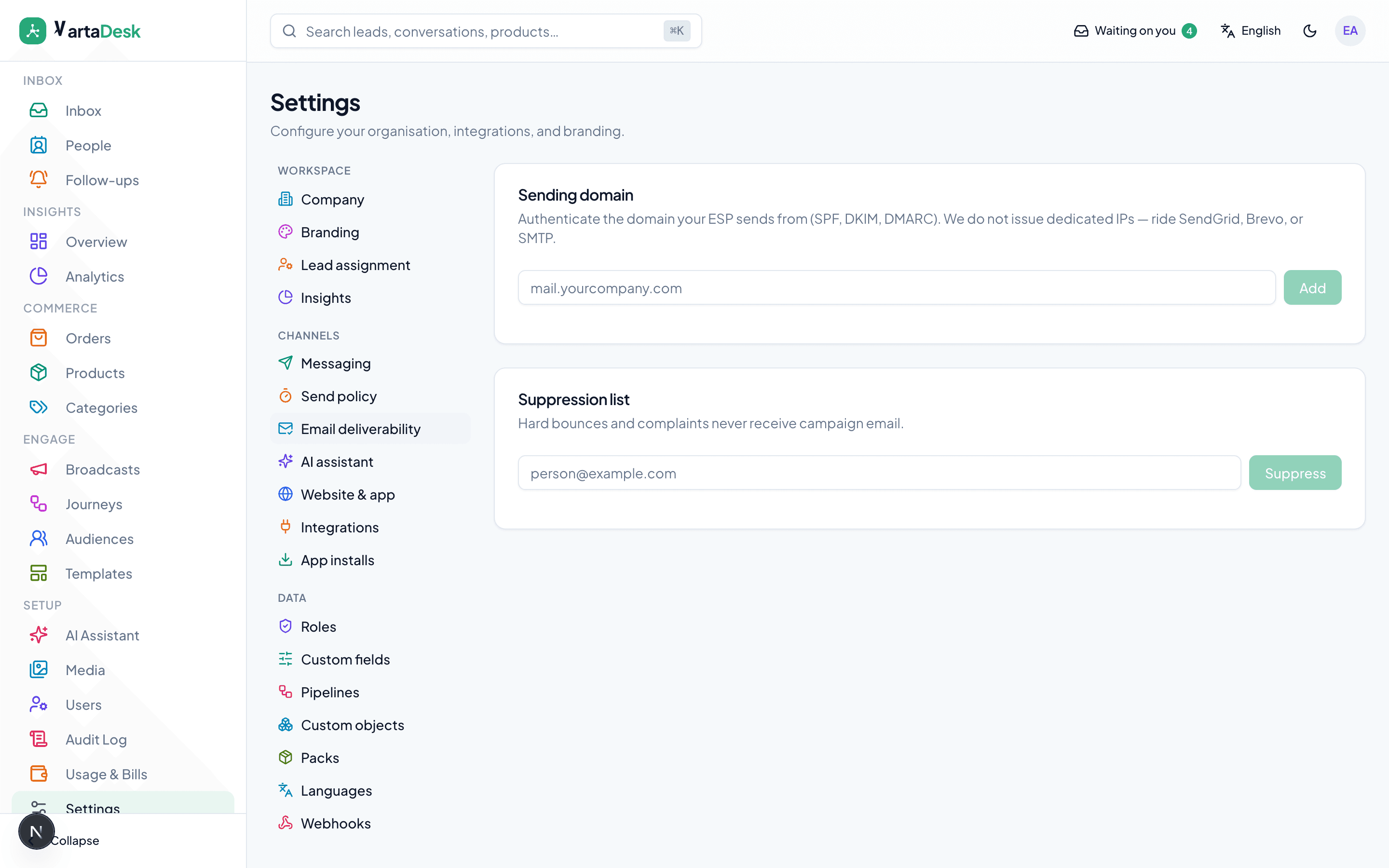 Email settings in the logged-in product