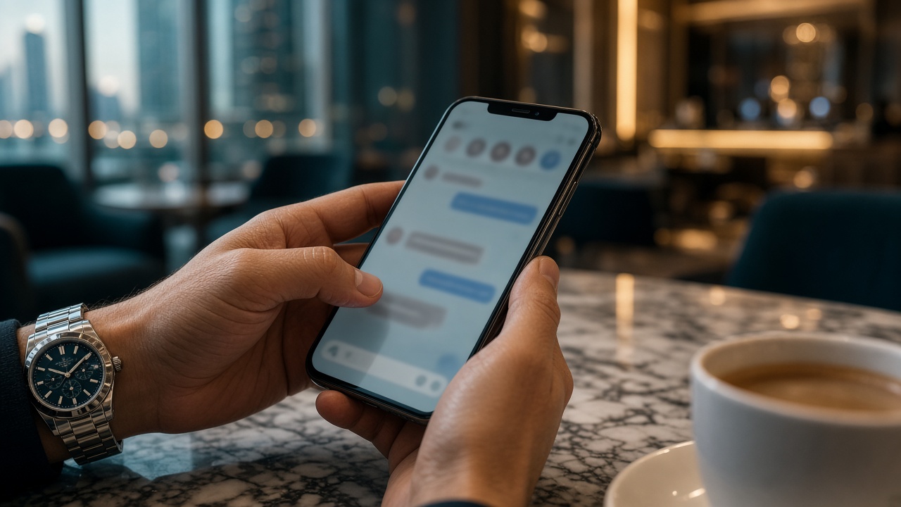 A customer messaging on WhatsApp from a lounge