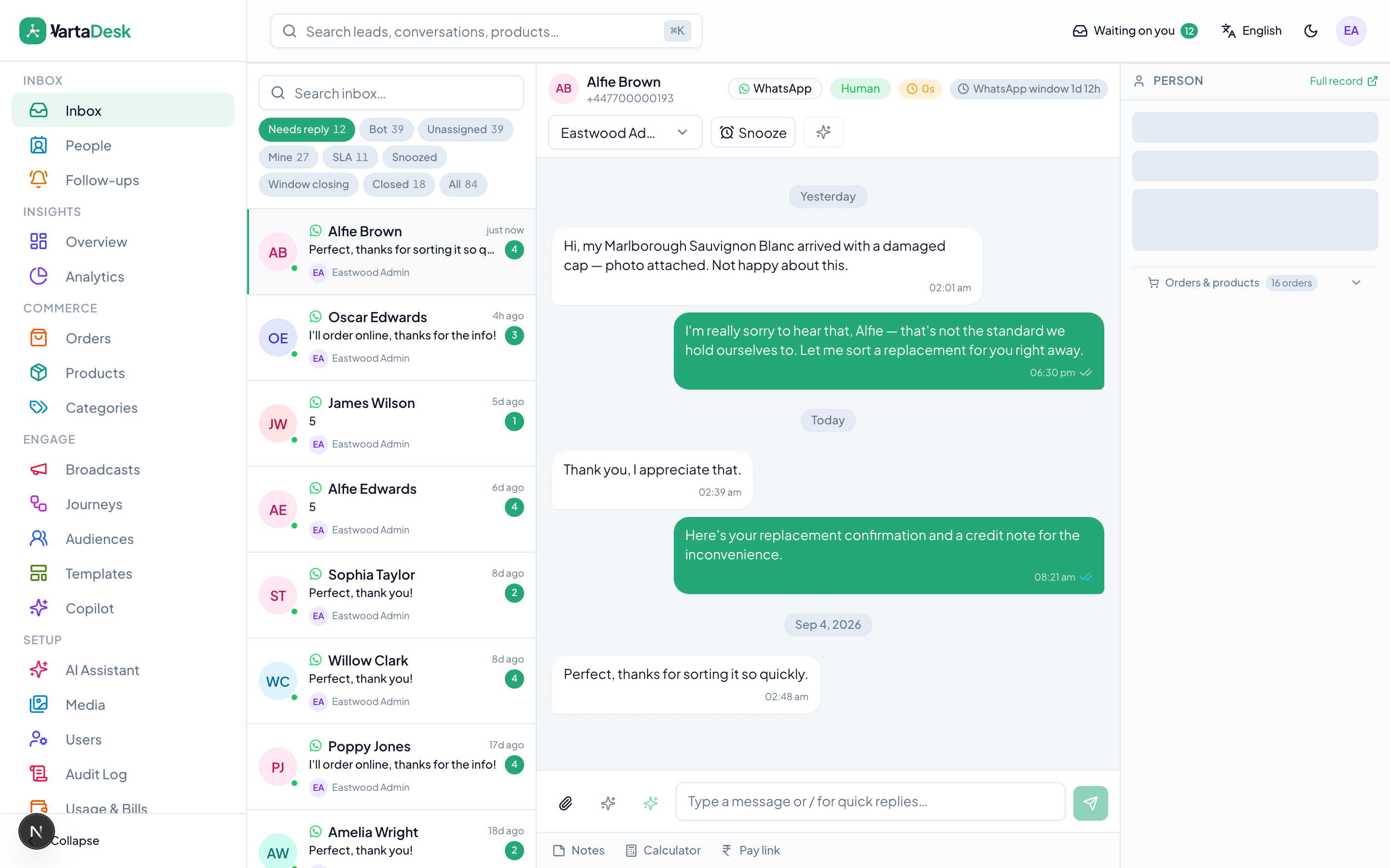 VartaDesk live inbox with WhatsApp threads