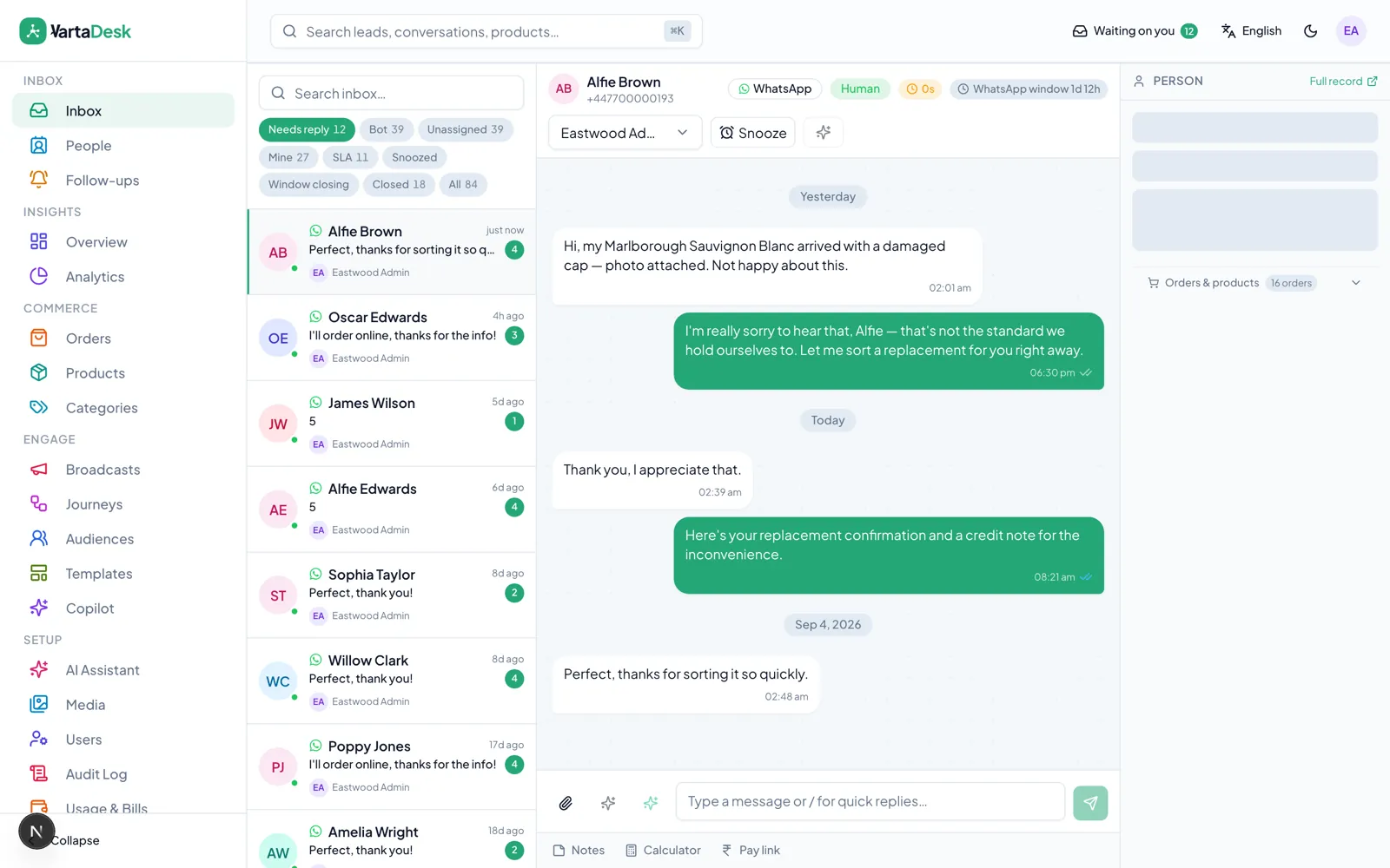 A live conversation with the reply composer and person context